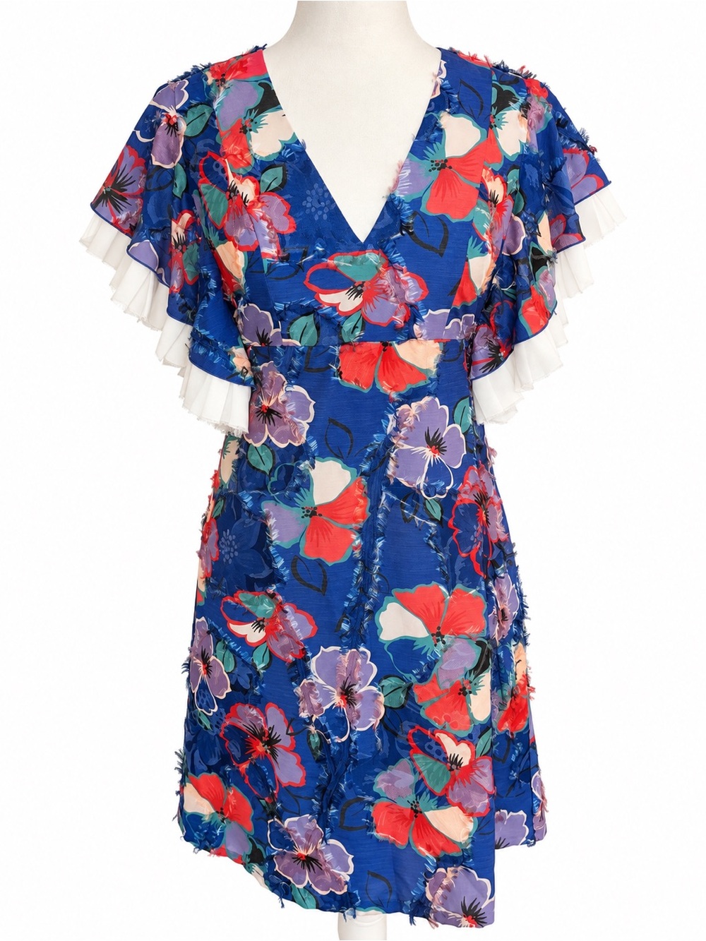 Tory Burch Blue Floral Flutter Sleeve Appliqué Dress Size 0